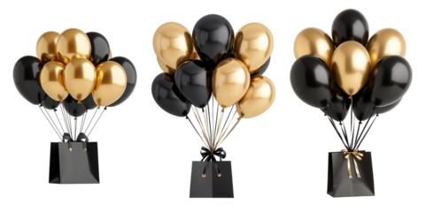 Collection black and gold balloons with black shopping bag on isolated against transparent background. Black friday concept
