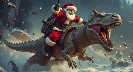 Naklejka premium A man riding on the back of a dinosaur in the snow