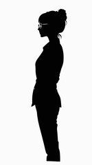 Fototapeta premium Silhouette of a woman with a office suit, wearing glasses, with chignon hair, black silhouette on a white background, vertical format