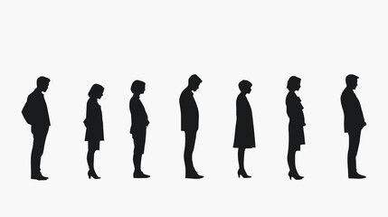 Full-length silhouettes of various casual professionals, both men and women stands in profile and looking on the right side, depicted in black and white on a light backdrop, 