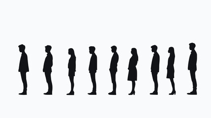 Full-length silhouettes of various casual professionals, both men and women stands in profile and looking on the right side, depicted in black and white on a light backdrop, 