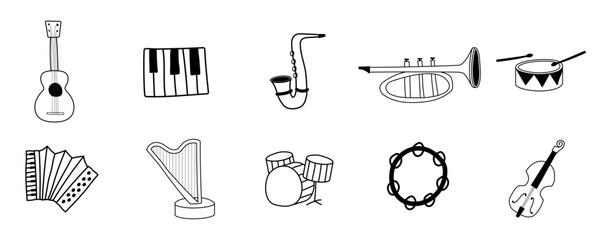 music instrument doodle hand drawing icon bundle, guitar, dkrum, piano, cymball, saxophone