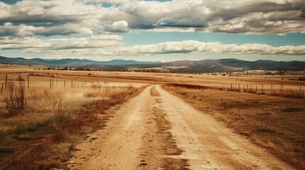 A dirt road runs through an open field with empty space.