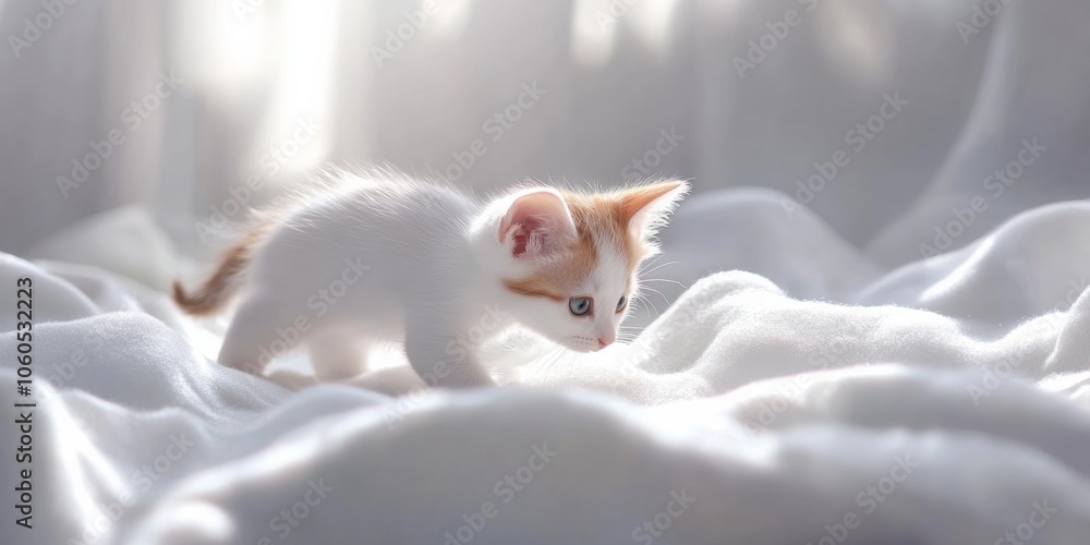Poster tiny white and brown kitten exploring a soft bed, sniffing around with playful curiosity, framed aga