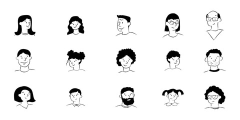 A set of hand drawn human faces. Men, women and children doodle avatars. A collection of ink sketches of different people.