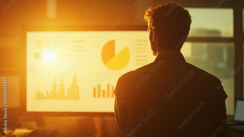 Poster professional analyzing financial data on screen during golden hour. warm lighting enhances focus on 
