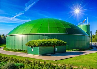 Obraz premium Elegant Green Biogas Tank: A Modern Architectural Marvel for Renewable Energy and Carbon Neutral Power Generation