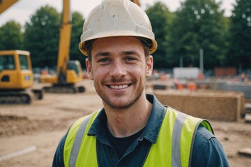 Close portrait of a smiling young British man construction worker looking at the camera, British outdoors construction site blurred background