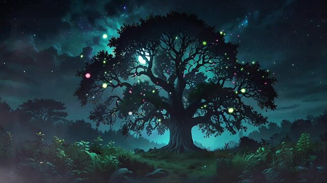 A magical tree in the middle of a fairy tale forest. Lots of fireflies, mystical atmosphere and full of mystery. Seamless 4K looping timelapse video animation background