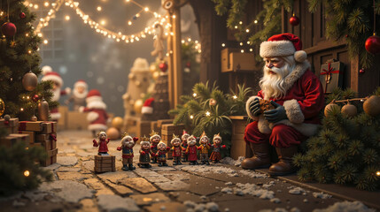 Obraz premium A santa claus sitting in front of a group of small figurines
