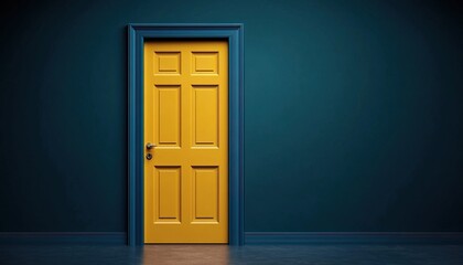 A vibrant yellow door framed by a blue outline, set against a dark teal wall, creating a striking visual contrast in a minimalist space.