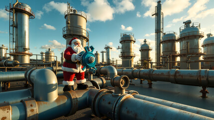 A man dressed as Santa Claus standing on top of a pipe in an oil refinery