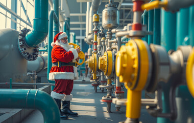 A man dressed as Santa Claus standing in front of a large pipe