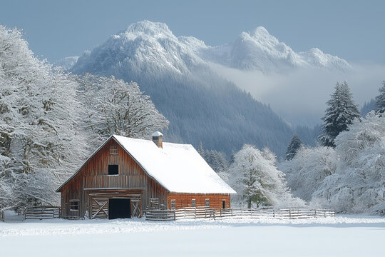 Snow-covered rustic barn in winter landscape with mountains in the background