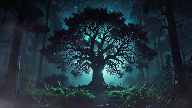 A magical tree in the middle of a fairy tale forest. Lots of fireflies, mystical atmosphere and full of mystery. Seamless 4K looping timelapse video animation background