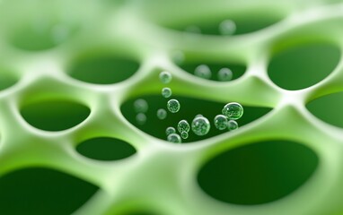 A close-up of green porous structure with bubbles, highlighting intricate patterns and textures found in nature.