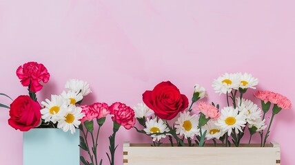 Pink and White Flowers in Blue and Wooden Vases on Pink Background