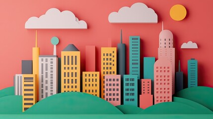 A vibrant, paper-cut city skyline features colorful buildings, clouds, and a sun against a coral background, creating a playful and artistic urban landscape.
