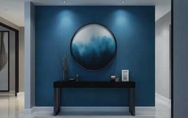A minimalist interior design of a modern home entryway featuring a sleek black console table that offers a sophisticated touch. 