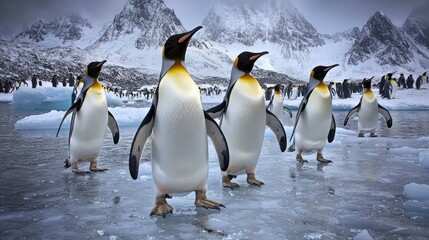 Obraz premium A group of King Penguins walk across a frozen lake in Antarctica, with snow-capped mountains in the background.