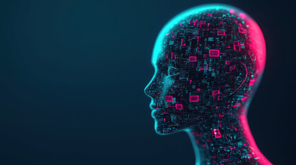 Obraz premium futuristic digital head silhouette with glowing circuits and data patterns, representing AI and technology. vibrant colors create captivating visual effect