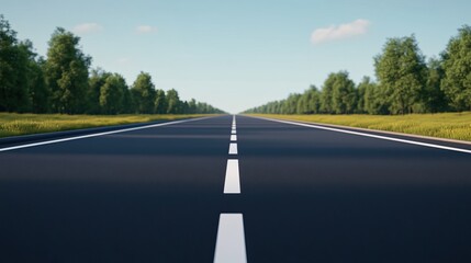 Fototapeta premium A straight, empty road stretches into the distance, framed by lush green trees under a clear sky, inviting exploration and adventure.