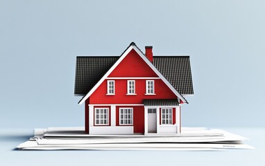 A red house model with a pitched roof and windows, set against a minimalist background, showcasing a charming architectural design.