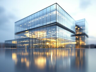 Fototapeta premium High-tech digital twin of a modern office building, glass architecture, minimalist design, and precise lighting reflections