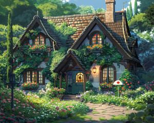 Fototapeta premium charming cottage surrounded by lush greenery and vibrant flowers, creating serene and inviting atmosphere. cozy home features beautifully landscaped garden, perfect for springtime relaxation