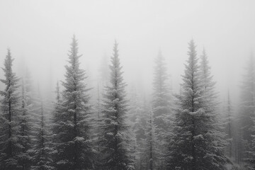A tranquil winter landscape featuring tall pine trees adorned with fresh snow in a serene forest