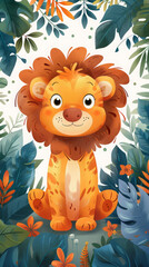 Cute lion character surrounded by vibrant jungle foliage and colorful flowers, exuding playful and friendly vibe. Perfect for childrens illustrations or animal themed designs