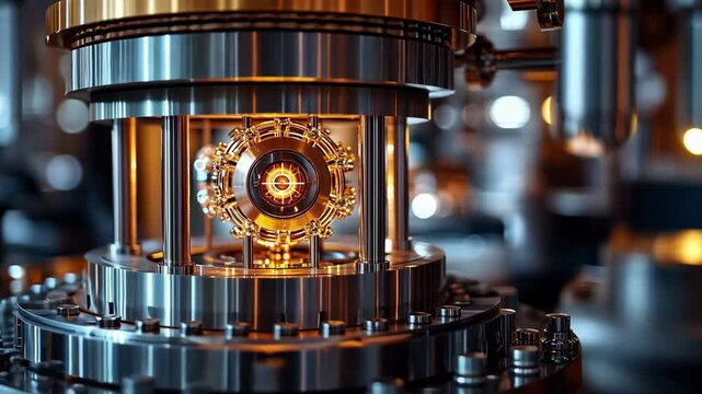 Close-up of a quantum computer processor in a high-tech laboratory, showing intricate details of circuits and machinery illuminated by a soft orange glow, symbolizing advanced technology 