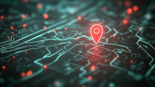 City mapping interface with a digital pin, emphasizing precise GPS and navigation
