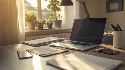A professional office desk setup with a laptop, phone, and documents neatly arranged, with soft daylight from a nearby window.