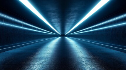 A long, dark tunnel with blue lights running down the center