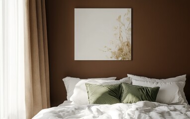 An inviting bedroom interior featuring rich brown walls that provide a warm backdrop for the white bed linens, accented by plush green pillows. 