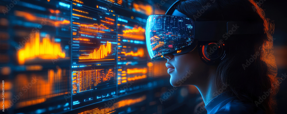 Aufkleber neobank customer analyzing financial data with augmented reality headset and interactive charts