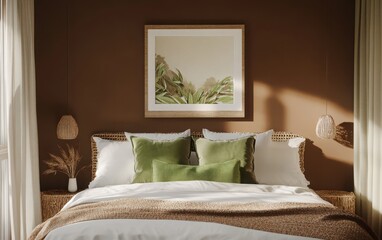 An inviting bedroom interior featuring rich brown walls that provide a warm backdrop for the white bed linens, accented by plush green pillows. 
