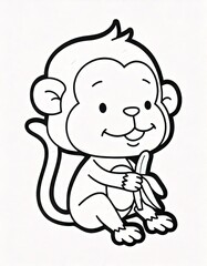 Fototapeta premium A cute cartoon of a small monkey sitting and holding a banana.