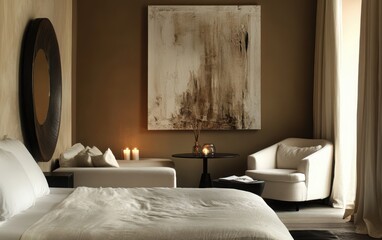 Inside a modern bedroom, the elegant beige walls provide a soft canvas for a minimalistic design. 