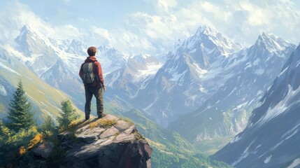 He looks off to distance mountain ranges 