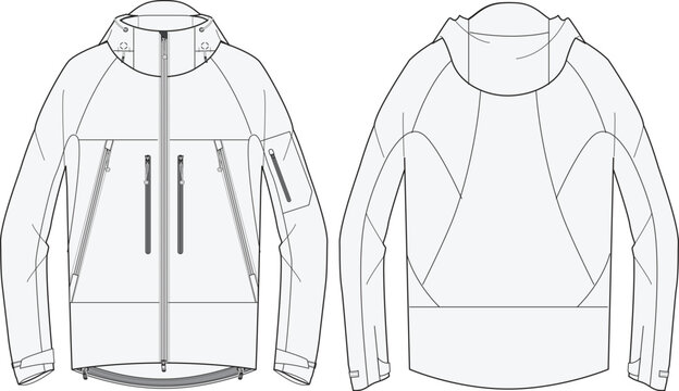 Hard shell waterproof rain jacket technical CAD fashion illustration front and back views Template for Outerwear Design and Sportswear Tech Packs for Ski and Snowboard Apparel
