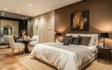 Fototapeta premium The interior of a modern bedroom showcases a stylish, minimalistic design characterized by soft beige walls that create a warm and inviting atmosphere.
