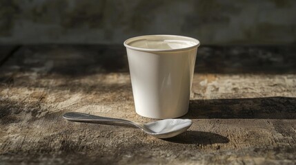 Empty yogurt cup with a used spoon beside it, on a rustic table, natural light highlighting the empty cup&rsquo;s clean edges