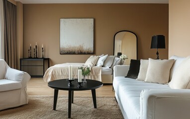 This modern bedroom interior features a calming beige wall, epitomizing minimalistic elegance. 