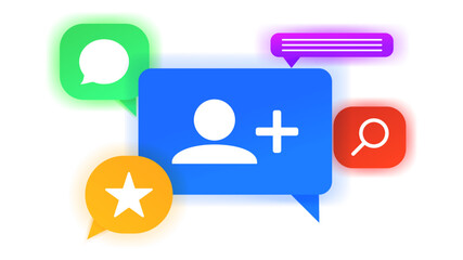 Set of social network objects. Flat style design. Rate, adding friend, like, search user icons. Vector illustration.