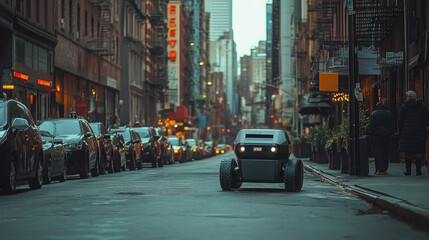 Obraz premium delivery robot with wheels carries goods to the customer on the city street of New York