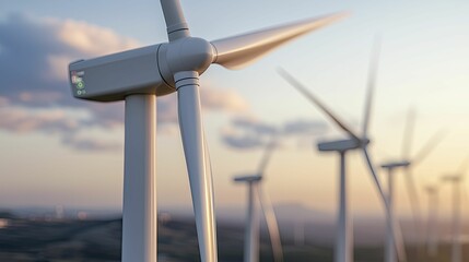 Digital twin of a wind farm, with rotating turbines, renewable energy data interfaces, and soft ambient lighting