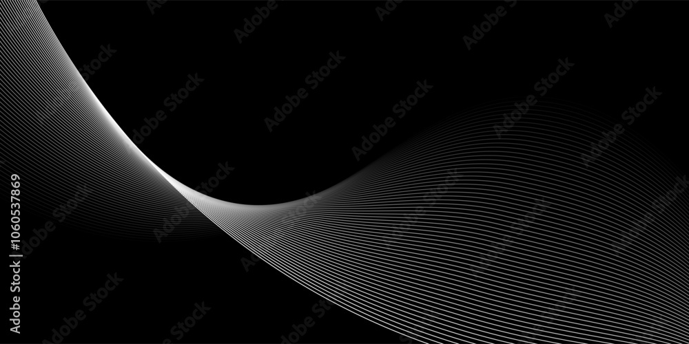 Poster abstract black background with flowing white curved lines creating a wave effect