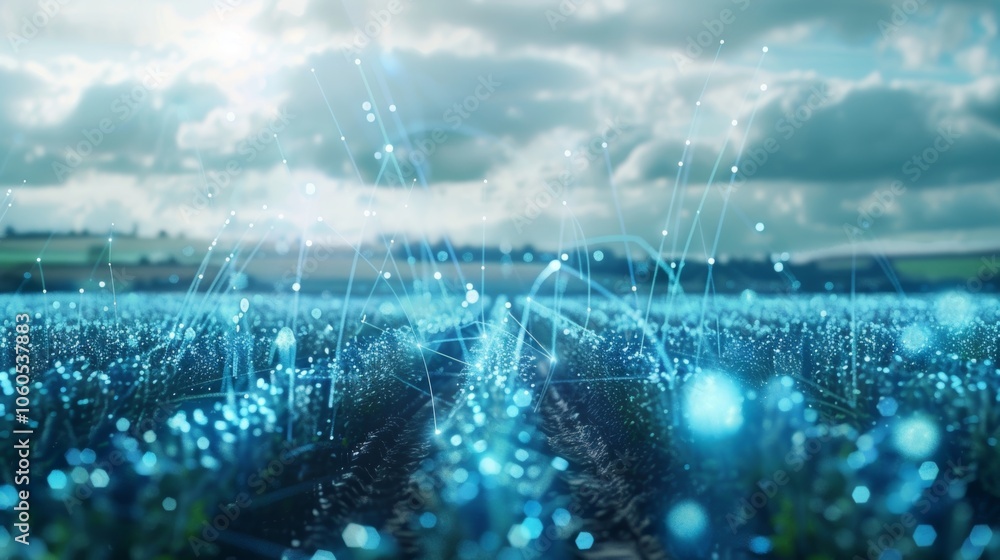Poster futuristic lines and glowing dots connecting over a field of crops, symbolizing the integration of t